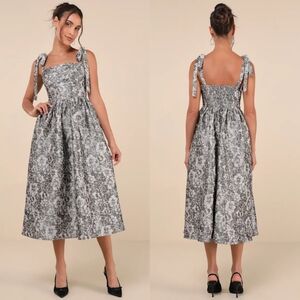 Lulus Successfully Chic Grey Jacquard Pleated Tie-Strap Midi Dress S Wedding